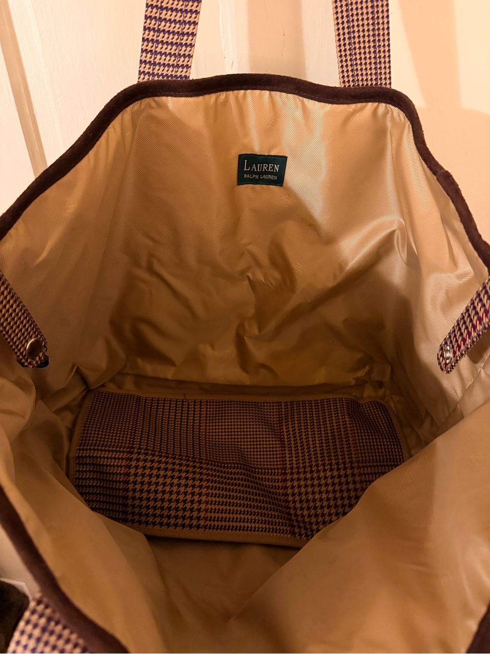 Ralph Lauren Maroon and Brown Houndstooth Tote/Weekender Bag with Suede Base - Picture 2 of 2
